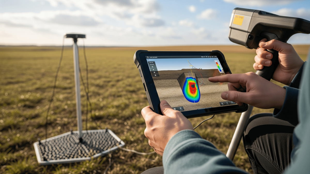 تصویری از یک فلزیاب تصویری (رادار) که در زیر زمین در حال اسکن است.